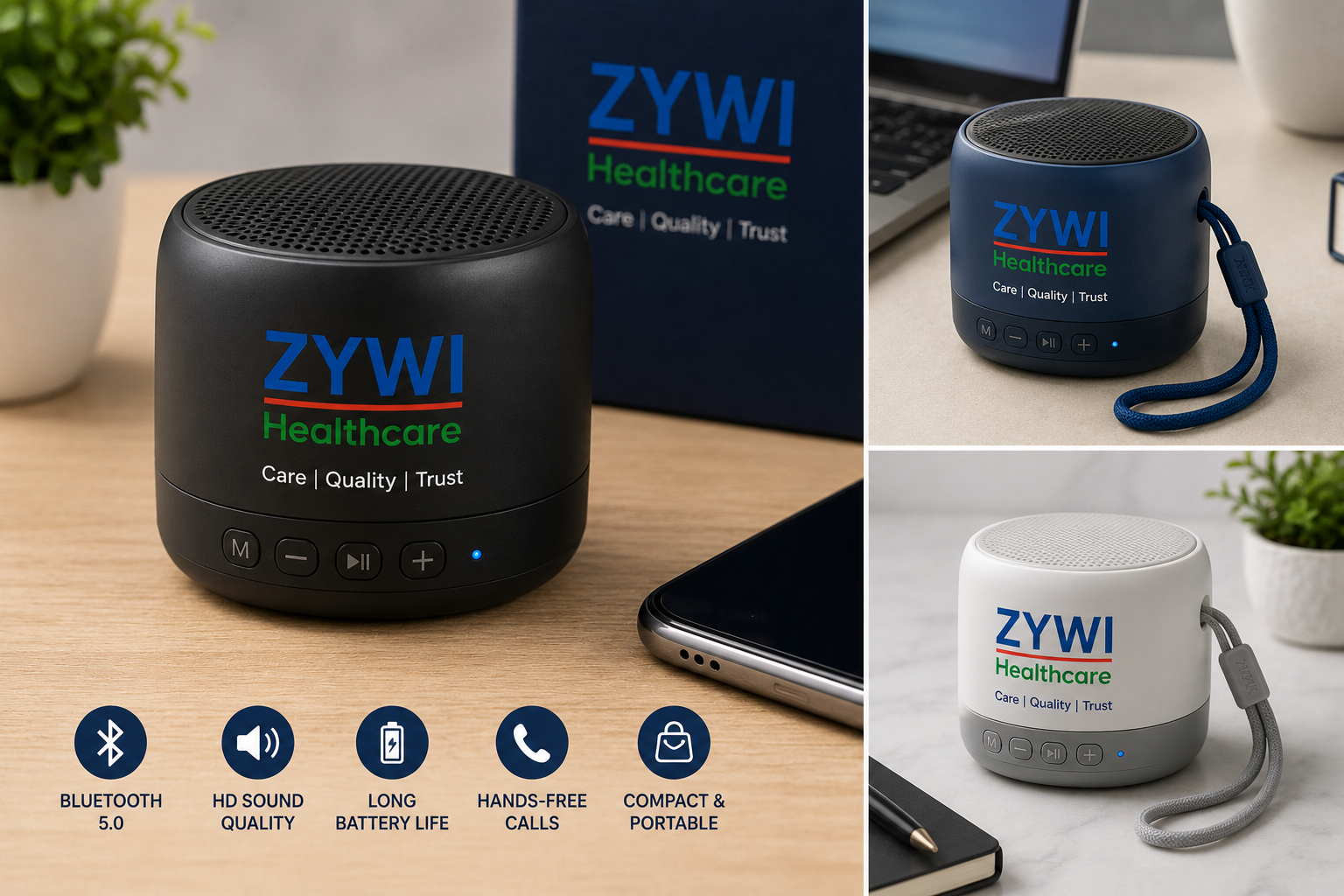 Zywi Healthcare branded Bluetooth speakers promotional merchandise