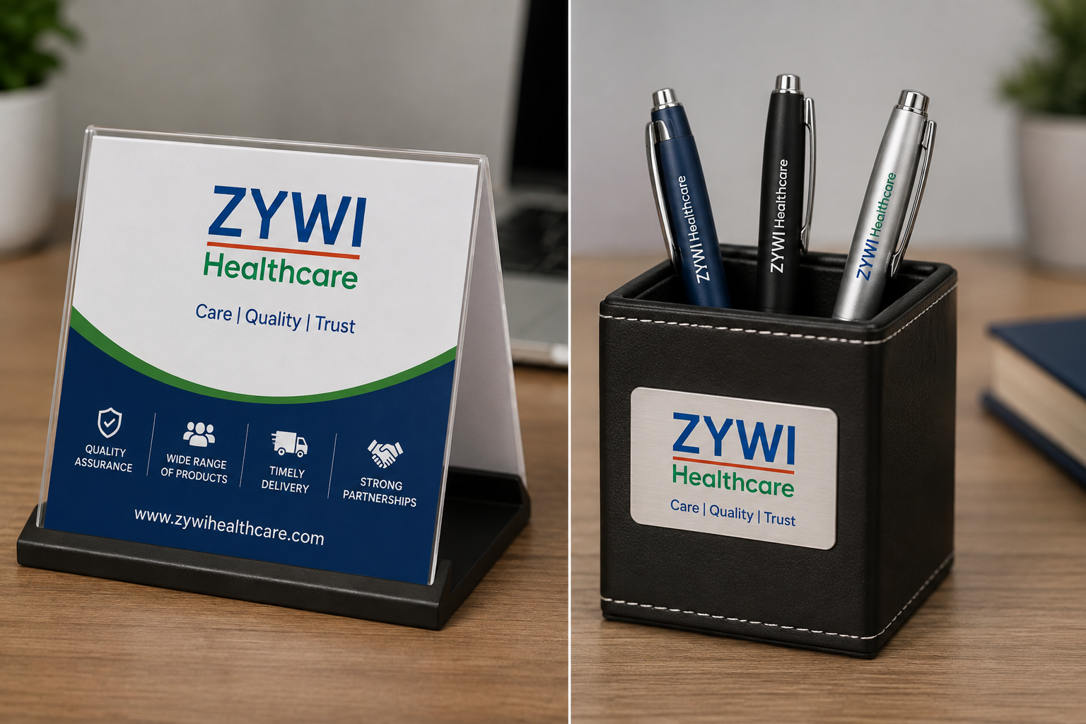 Zywi Healthcare pen stands and tent cards for pharma promotional activities