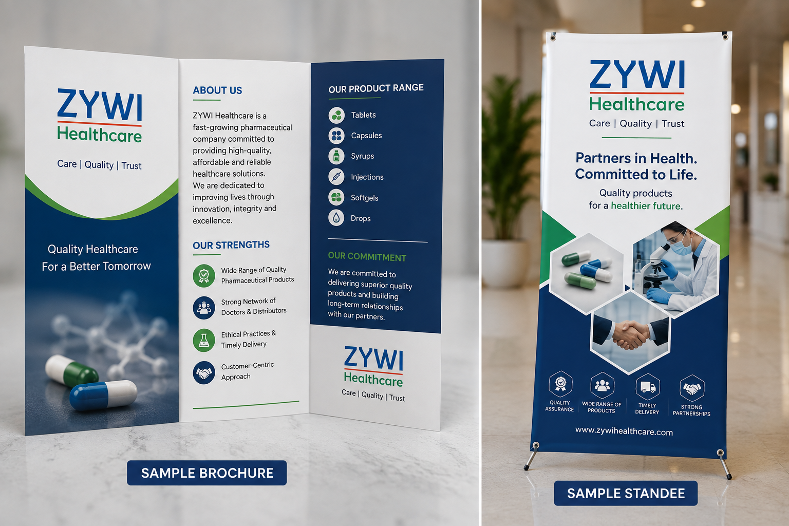 Zywi Healthcare standees and brochures for PCD Pharma Franchise marketing
